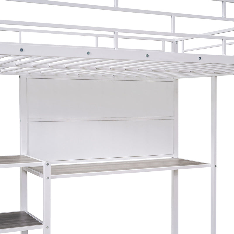 Full Size Loft Bed With Desk And Whiteboard, Metal Loft Bed With 3 Shelves And Ladder - White