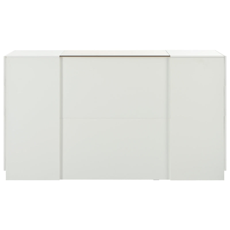 Modern Luxury Multi-Functional Island Vanity Dresser And Storage Cabinet With Glass Tabletop, Display Shelf, 6 Drawers For Walk In Wardrobe And Bedroom - Cream White