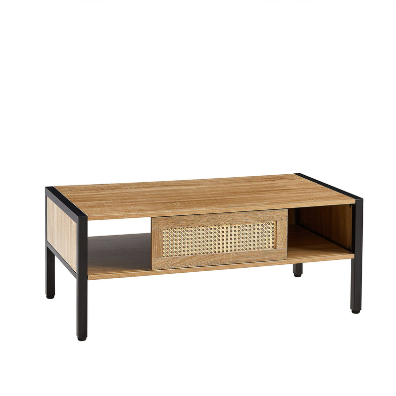 40.16" Rattan Coffee Table, Sliding Door For Storage, Metal Legs, Modern Table For Living Room