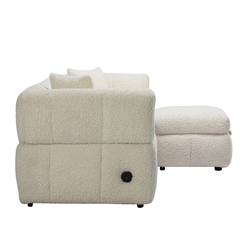 Sectional Sofa Cozy Teddy Fleece Sectional Sofa Couch With Two USB Ports A Movable Storage Ottoman And Two Lumbar Pillows For Living Room