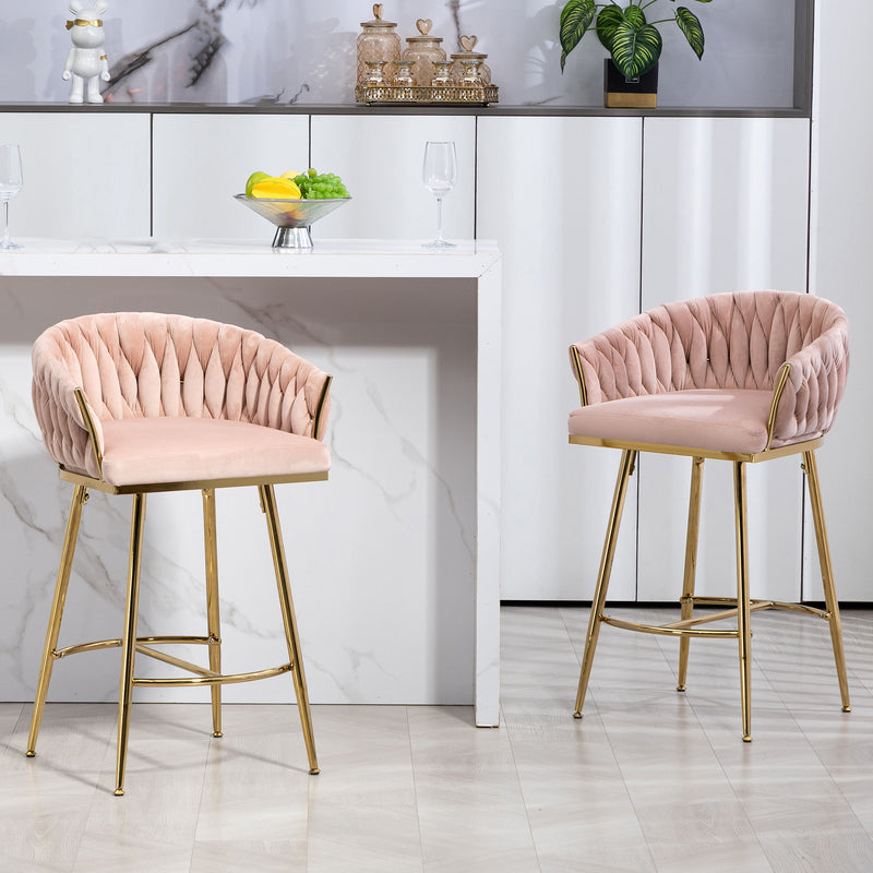 Counter Height Bar Stools (Set of 2) Kitchen Island Counter Bar Stool With Hand-Wave Back, Golden Chromed Base And Footrest - Pink