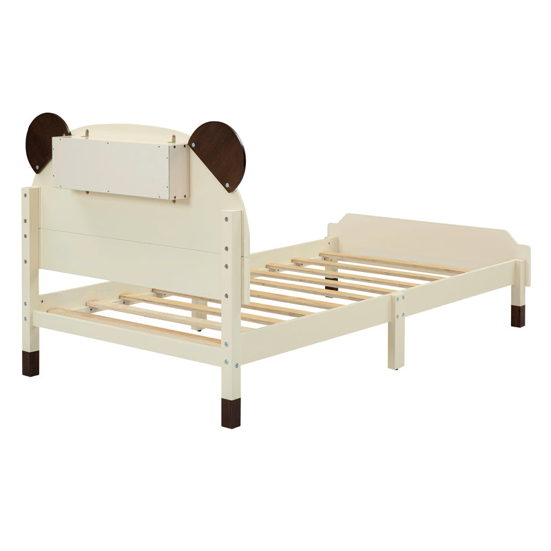 Twin Size Wood Platform Bed with Bear-shaped Headboard,Bed with Motion Activated Night Lights,Cream+Walnut