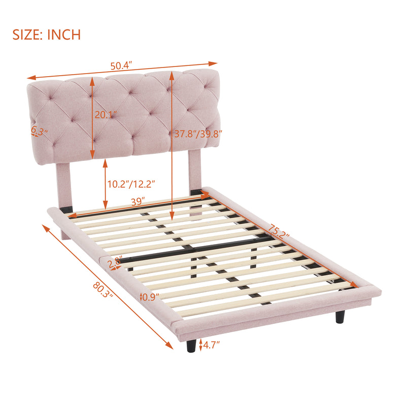 Twin Size Upholstered Bed with Light Stripe, Floating Platform Bed, Linen Fabric,Pink