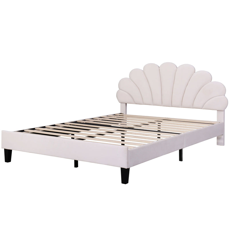 Queen Size Upholstered Platform Bed With Flower Pattern Velvet Headboard - Beige