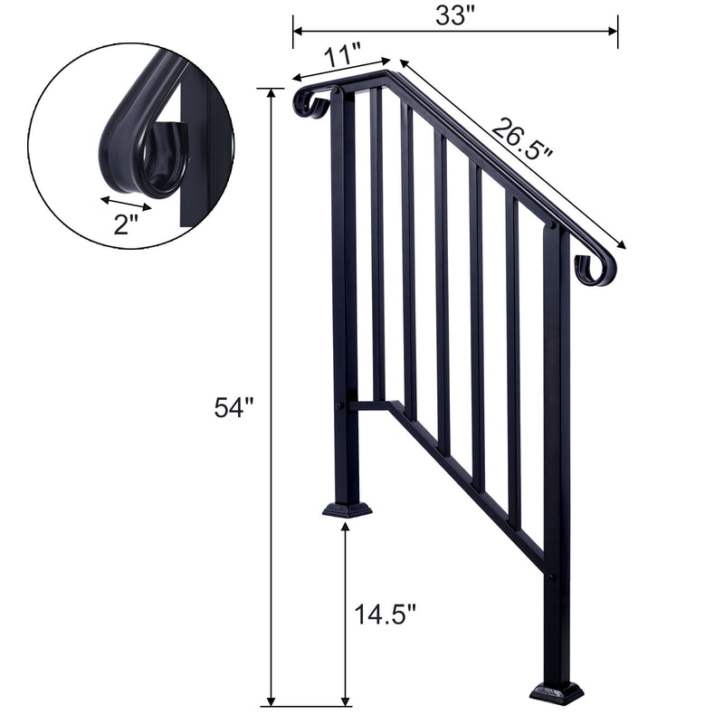 Handrails For Outdoor Steps, Fit 2 Or 3 Steps Outdoor Stair Railing, Wrought Iron Handrail, Flexible Porch Railing, Transitional Handrails For Concrete Steps Or Wooden Stairs