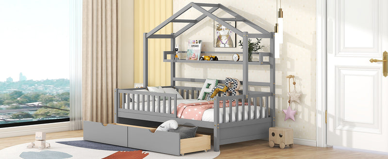 Wooden Twin Size House Bed with 2 Drawers,Kids Bed with Storage Shelf, Gray