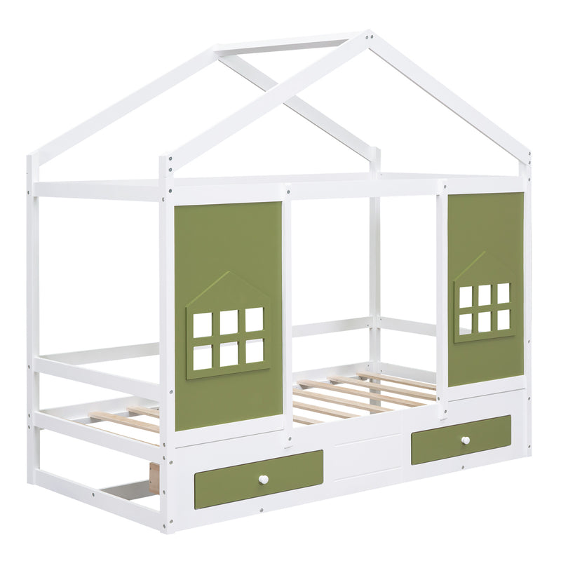 Twin Size Wood House Bed with 2 Drawers and Window Decoration, White+Olive Green