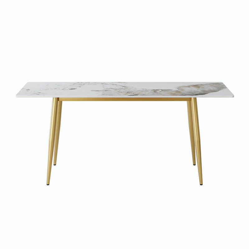 78.74" Modern Artificial Stone Pandora Straight Edge Golden Metal Leg Dining Table, Can Accommodate 8 People - White