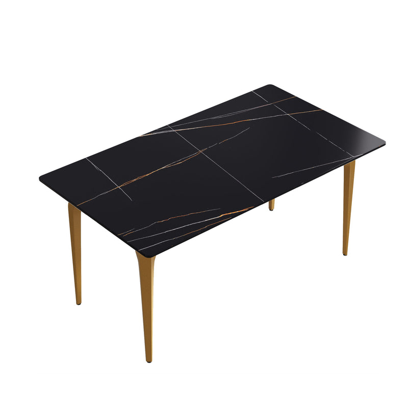 63" Modern Artificial Stone Black Straight Edge Golden Metal Leg Dining Table - Black / Gold