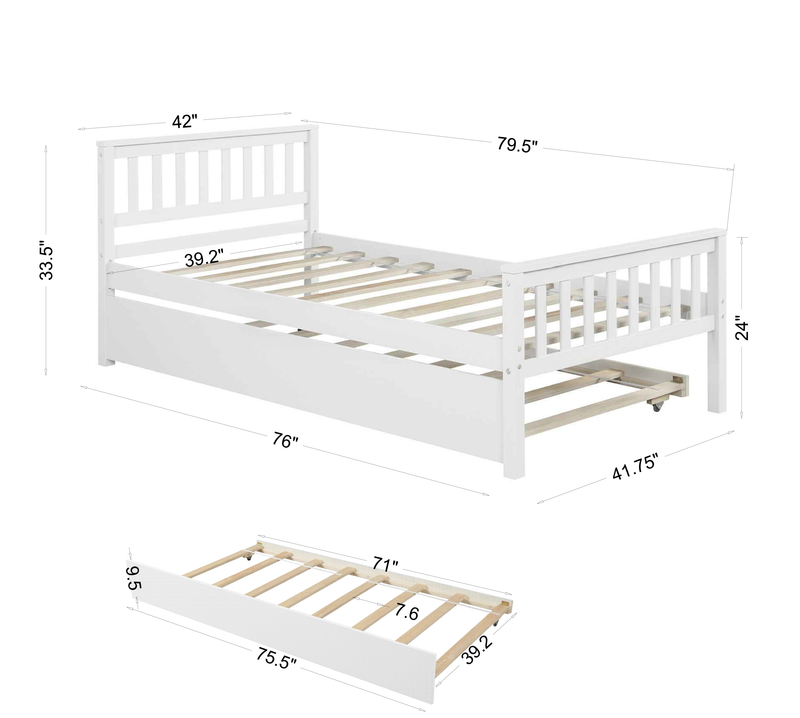 Twin Bed with Trundle, Platform Bed Frame with Headboard and Footboard, for Bedroom Small Living Space,No Box Spring Needed,White(New SKU:W504P148532)