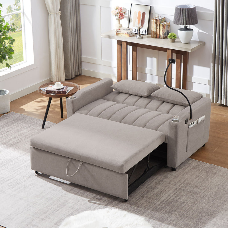 Convertible Sofa Bed Loveseat Sofa With Three USB Ports, Two Side Pockets, Two Cup Holders And 360° swivel Phone Holder For Living Room