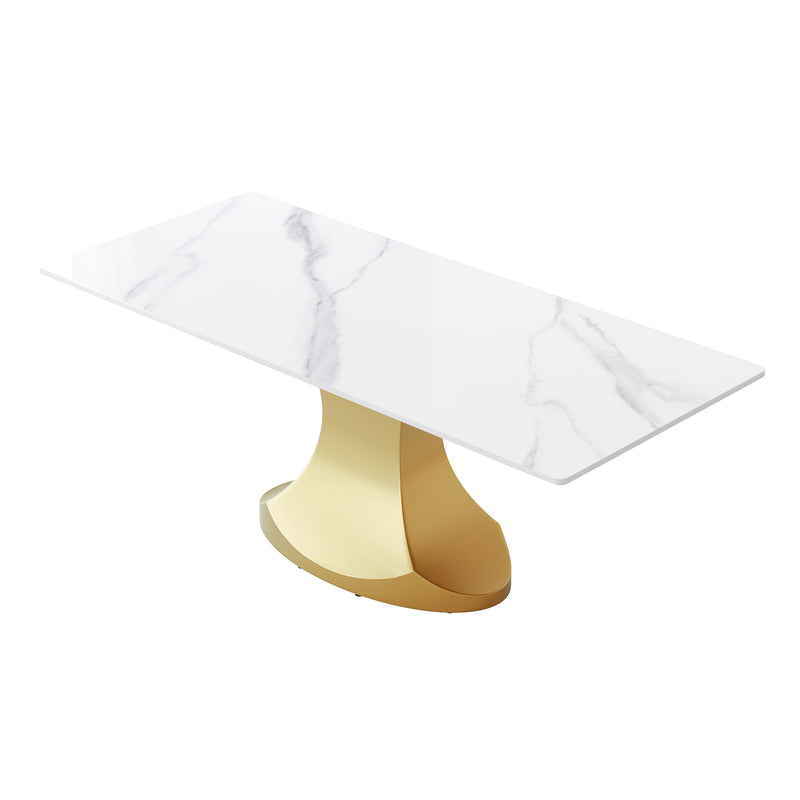 78.74" Modern Artificial Stone Panel Golden Stainless Steel Curved Legs, Can Accommodate 8 People - White / Gold