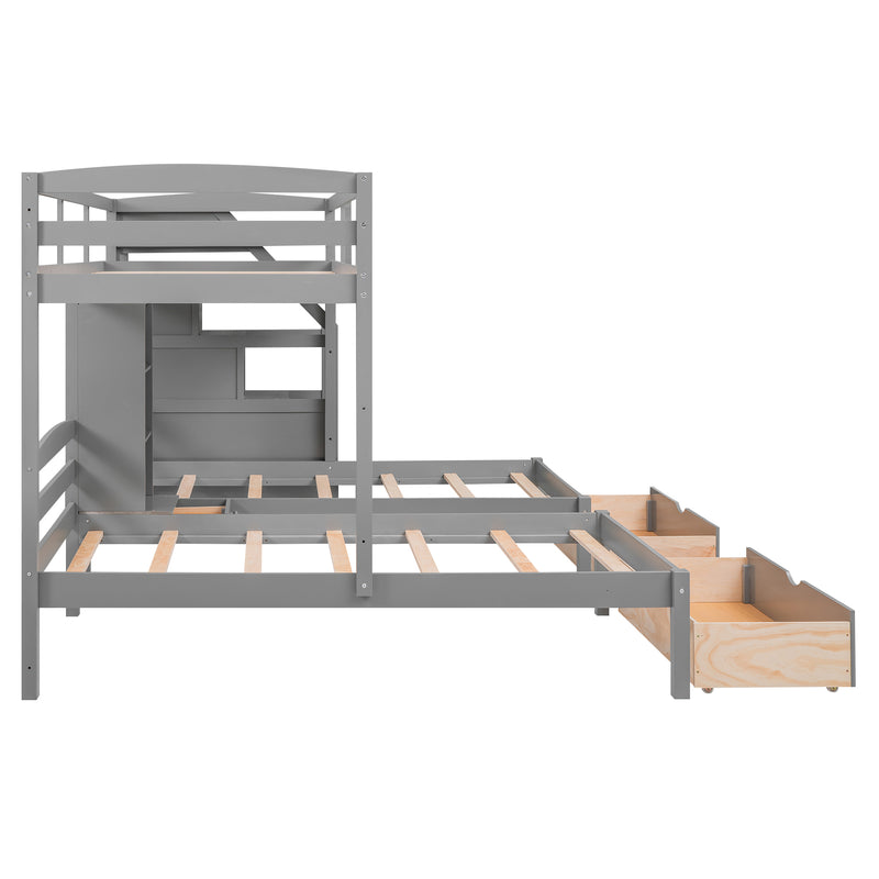 Twin over Twin&Twin Bunk Bed, Triple Bunk Bed with Drawers, Staircase with Storage, Built-in Shelves, Gray