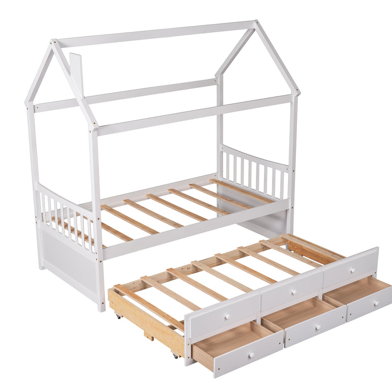 Twin size Wooden House Bed with Trundle and 3 Storage Drawers-White