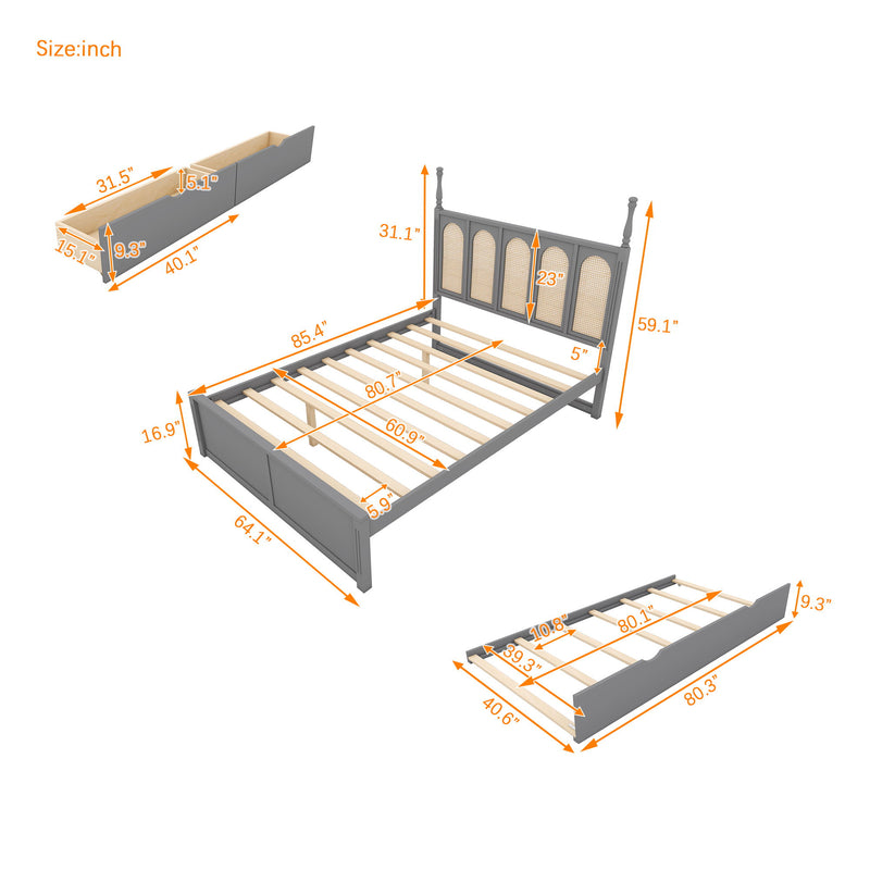 Rattan Platform Bed With With 2 Big Drawers With Trundle