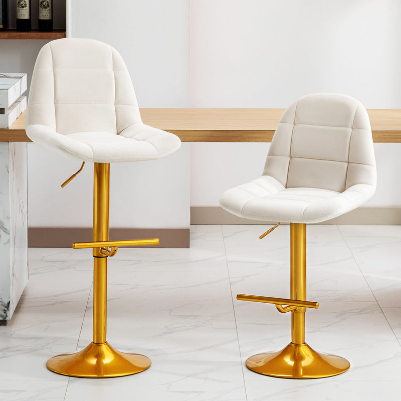 Velvet Swive Bar Stools Adjustable Counter Height Bar Chairs With Back Gold Base Modern Stool Chair For Kitchen Island Dining Room (Set of 2) - White