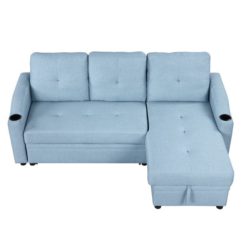 Pull Out Sofa Bed Modern Padded Upholstered Sofa Bed, Linen Fabric 3 Seater Couch With Storage Chaise And Cup Holder, Small Couch For Small Spaces