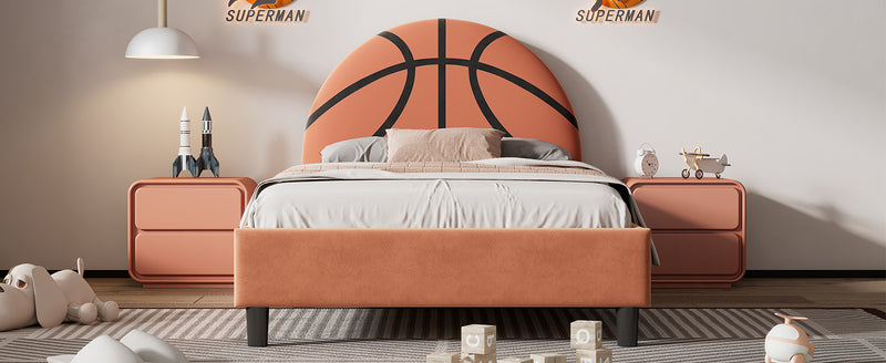 Basketball Design Upholstered Twin Platform Bed Sport Style Bed for Boys & Girls, Teens, Orange