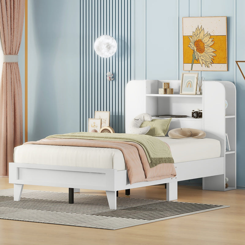 Twin Size Platform Bed with Storage Headboard,Multiple Storage Shelves on Both Sides,White