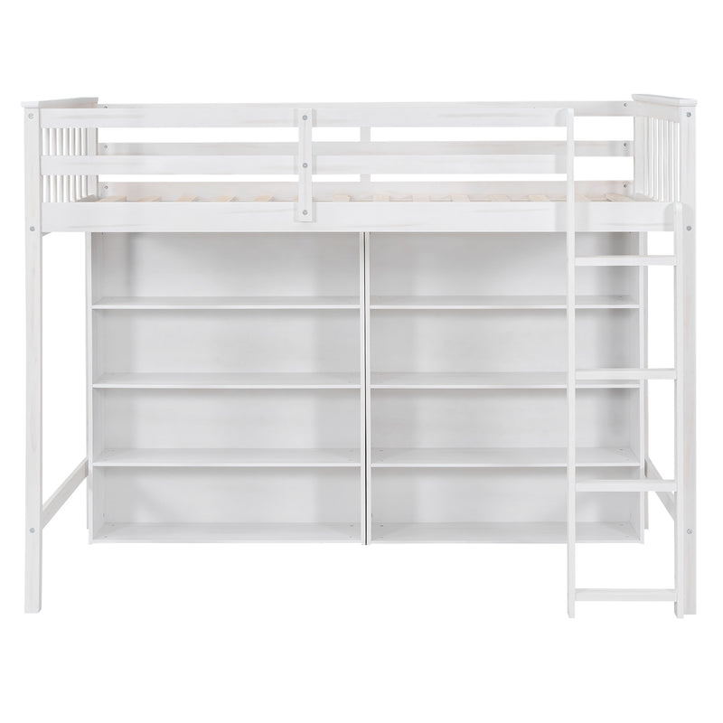 Twin Size Loft Bed with 8 Open Storage Shelves and Built-in Ladder, White