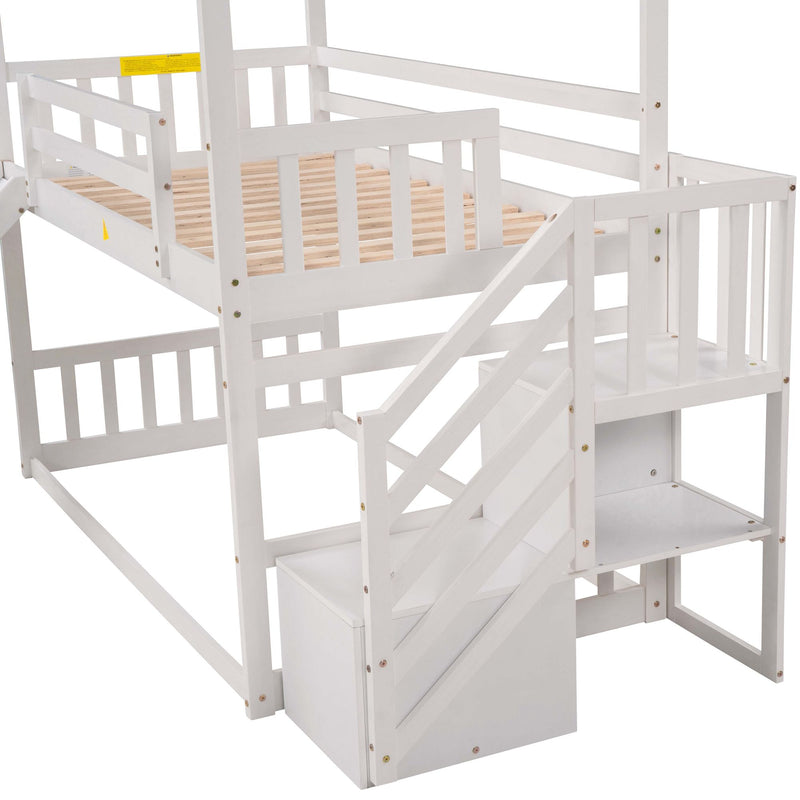 Kids Furniture - House Bunk Bed With Convertible Slide, Storage Staircase