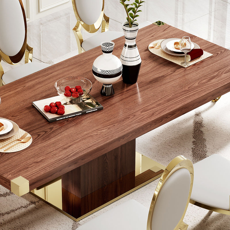 MDF Top Dining Table With Gold Finish Corner, MDF Pillar And Gold Finish Stainless Steel Base