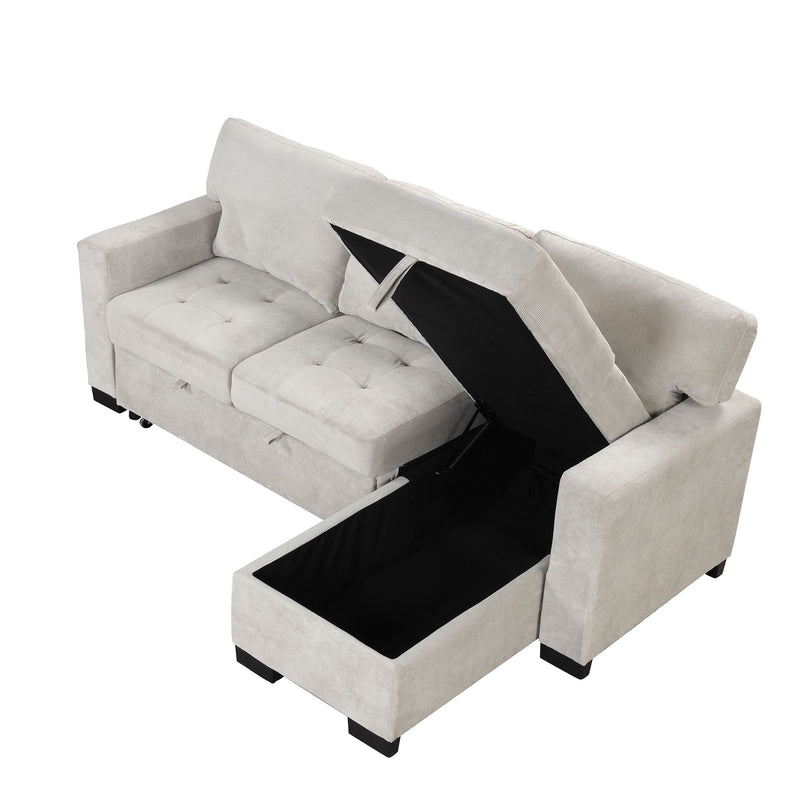 Stylish And Functional Light Chaise Lounge Sectional With Storage Rack Pull-Out Bed Drop Down Table And USB Charger