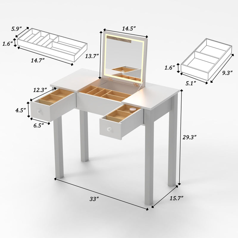 Vanity Table With LED Lights, Flip-Top Mirror And 2 Drawers, Jewelry Storage