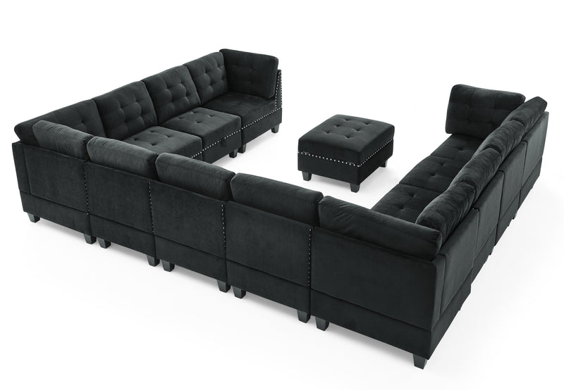 U shape Modular Sectional Sofa,DIY Combination,includes Seven Single Chair,Four Corner and One Ottoman,Black Velvet.