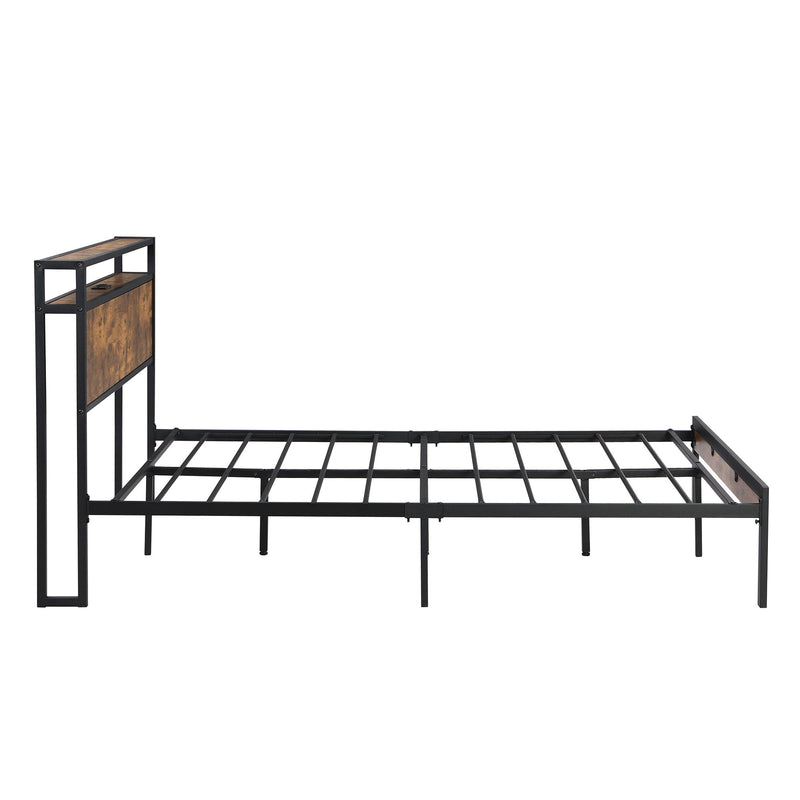 Metal Platform Bed Frame With Wooden Headboard And Footboard With USB Liner, No Box Spring Needed, Under Bed Storage