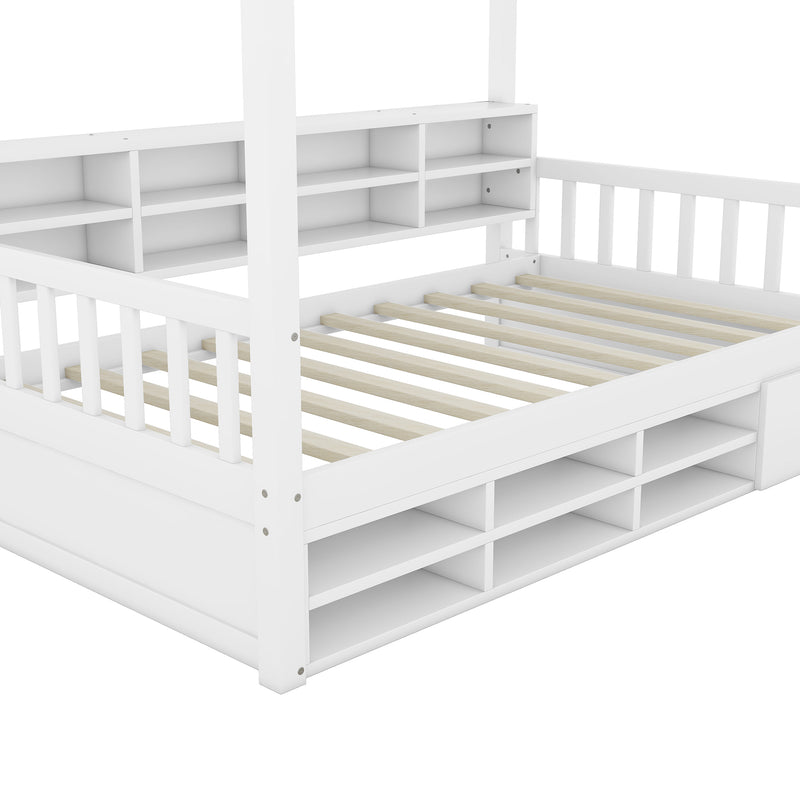 Twin Size Wooden House Bed with Shelves and a Mini-cabinet, White