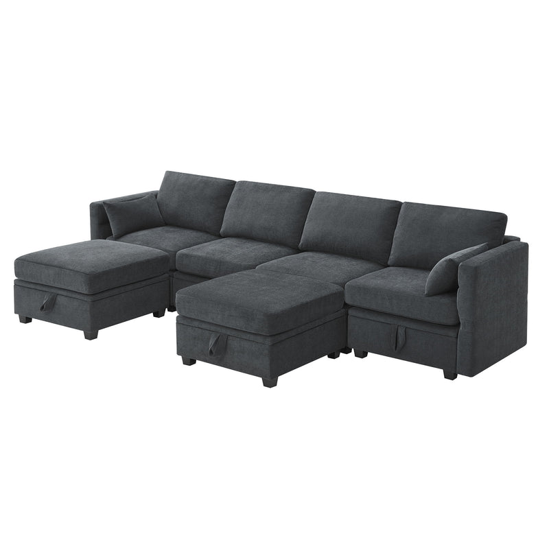 Chenille Modular Sectional Sofa, U Shaped Couch With Adjustable Armrests And Backrests, 6 Seat Reversible Sofa Bed With Storage Seats For Living Room, Apartment