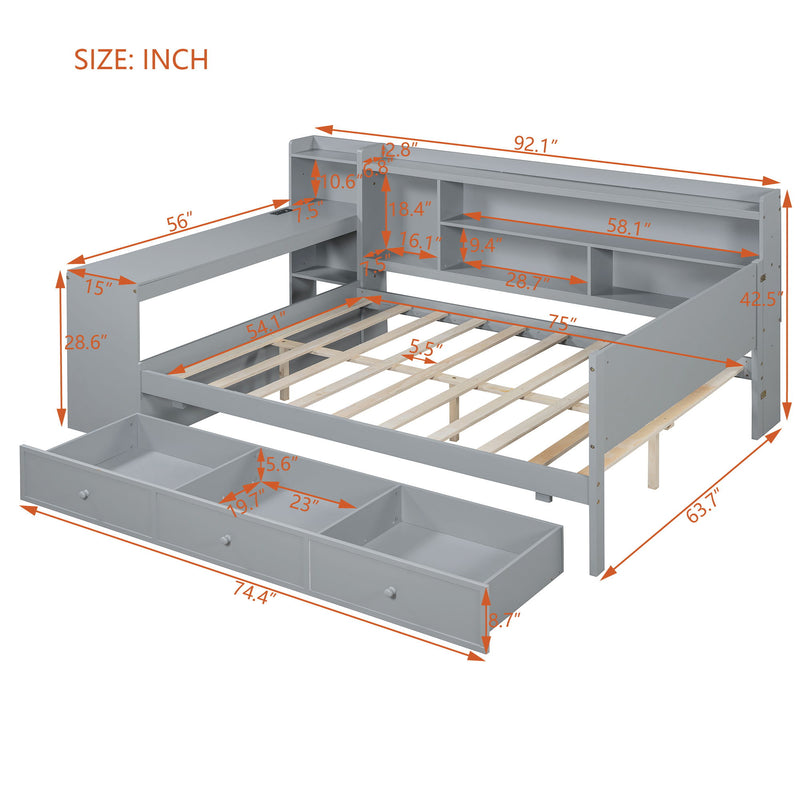 Full Size Wooden Daybed With 3 Drawers, USB Ports And Desk - Gray