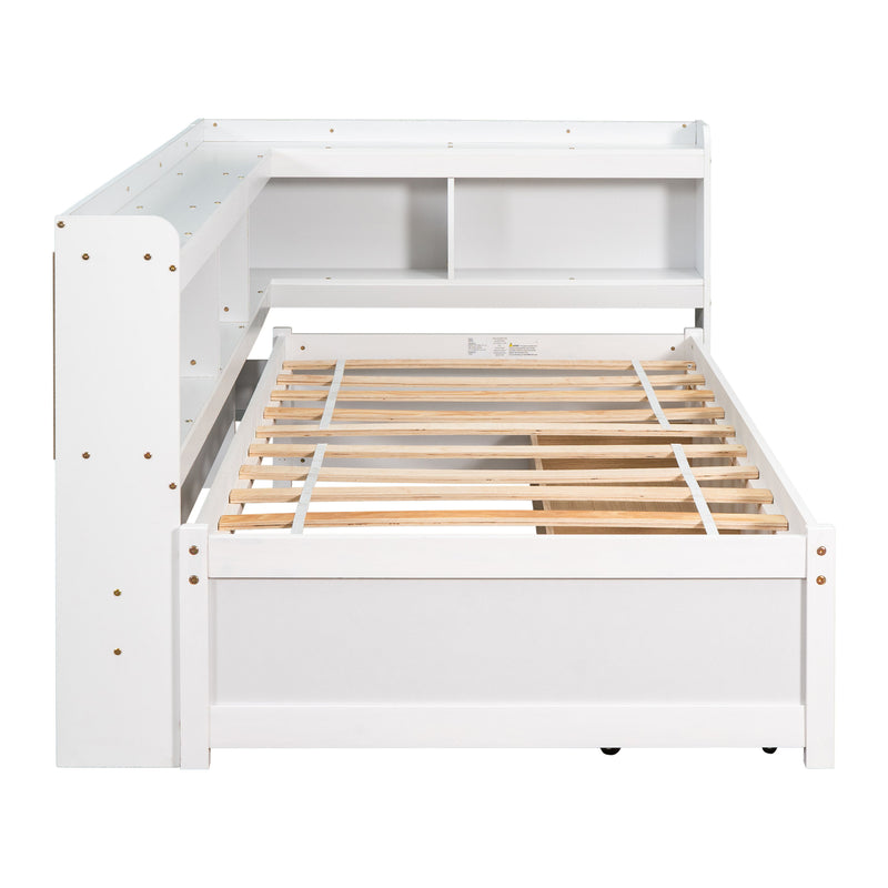 Twin Bed With L-Shaped Bookcases, Drawers - White