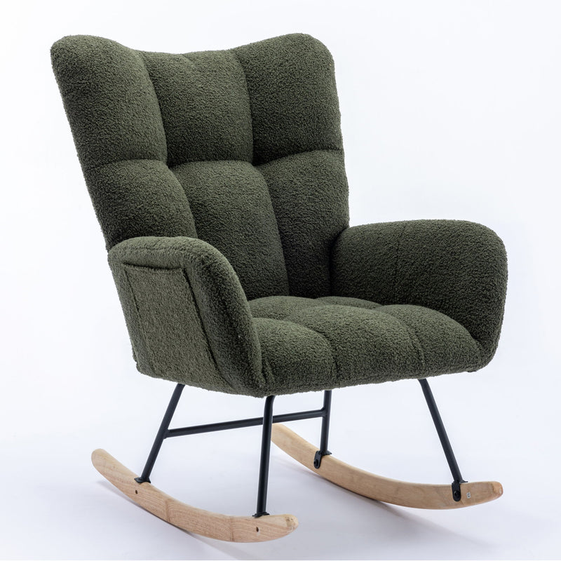 30.3" Rocking Chair With Pocket, Soft Teddy Fabric Rocking Chair For Nursery, Comfy Wingback Glider Rocker With Safe Solid Wood Base For Living Room Bedroom Balcony - Dark Green