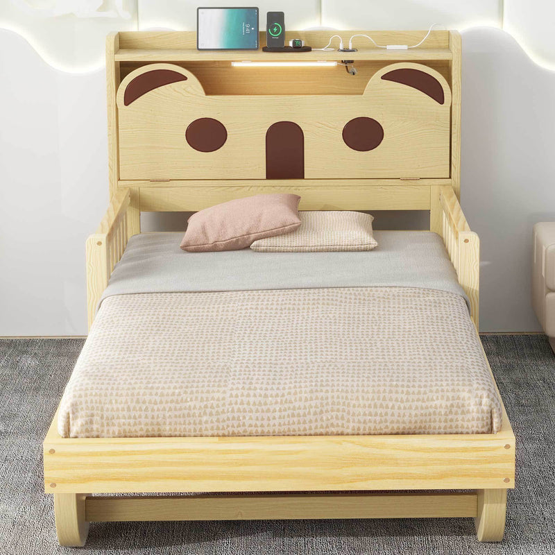 Twin Size Car Bed with Bear-Shaped Headboard, USB and LED, Natural