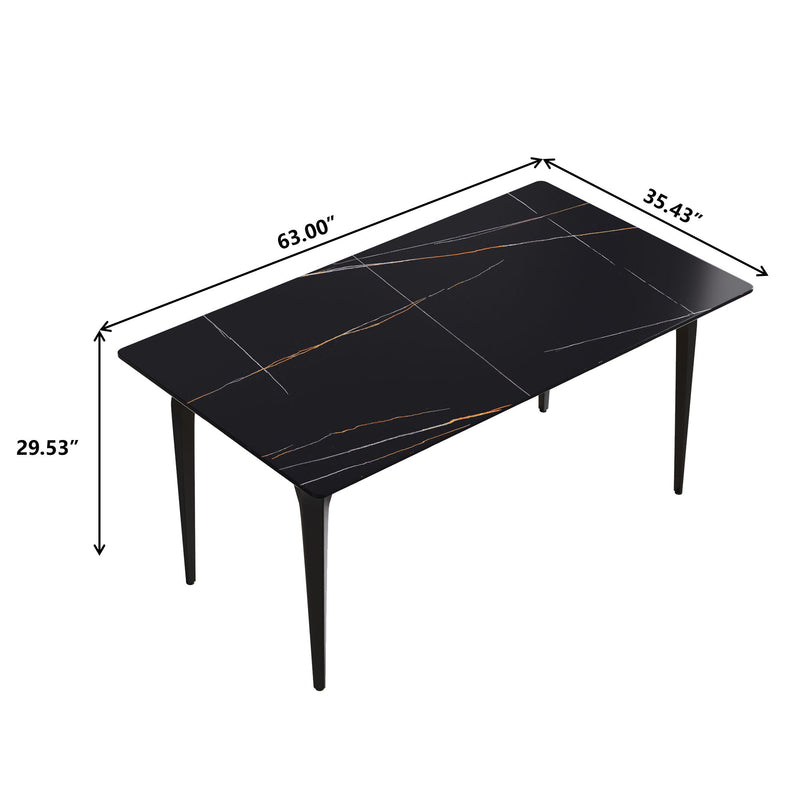 63" Modern Artificial Stone Black Straight Edge Black Metal Leg Dining Table, 6 People - Black