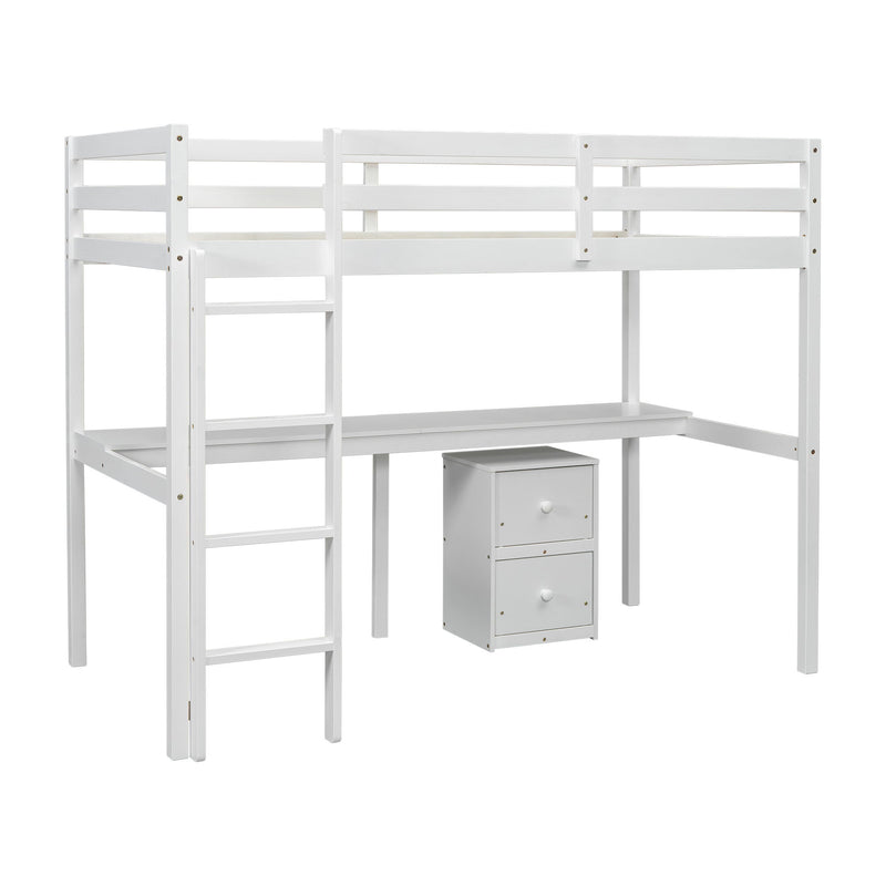 Loft Wood Bed With Under-Bed, Built-In Desk, A Storage Cabinet Of 2 Drawers, Guardrails, Ladder