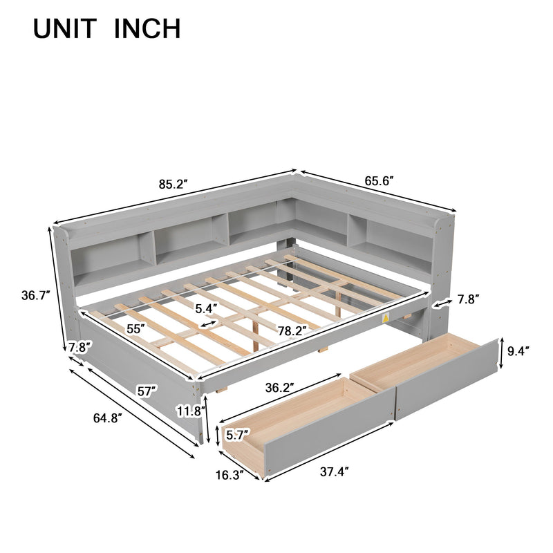 Full Bed With L-Shaped Bookcases, Drawers - Gray