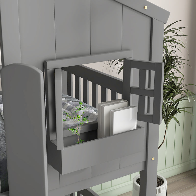 Twin over Twin House Bunk Bed with Roof , Window, Window  Box, Door , with Safety Guardrails and Ladder, Grey