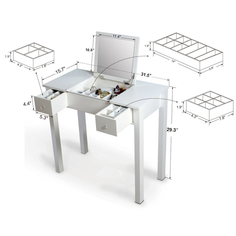 Accent Vanity Table With Flip-Top Mirror And 2 Drawers, Jewelry Storage For Women Dressing - White