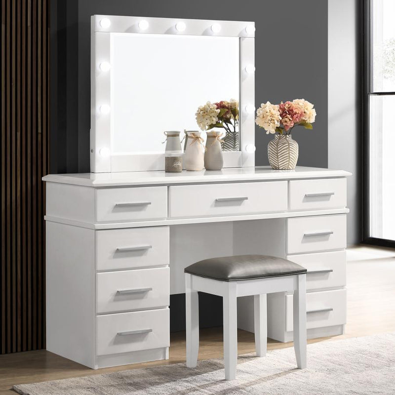 Felicity - 9-Drawer Vanity Table With Lighted Mirror - Glossy White