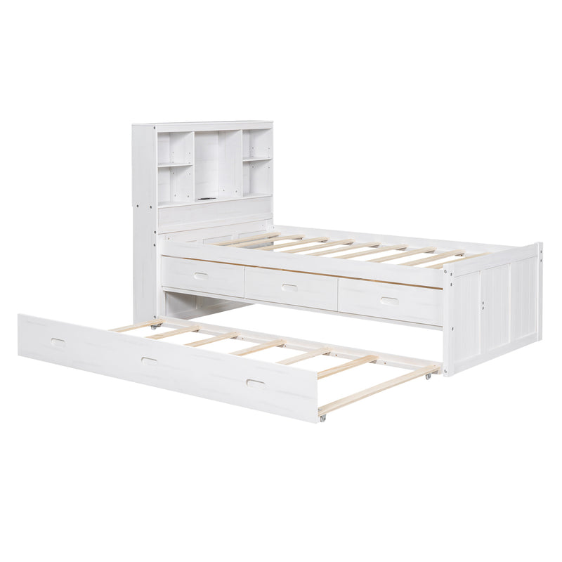 Twin Size Platform Bed with Storage Headboard, Charging Station, Twin Size Trundle and 3 Drawers, Antique White