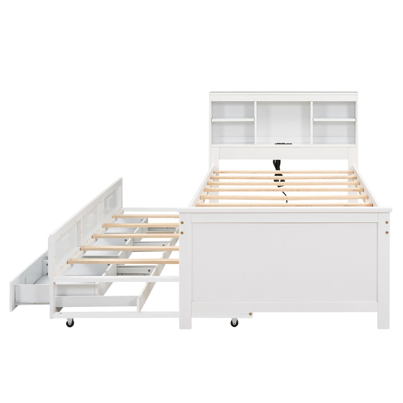 Twin Size Platform Bed with Storage Headboard, USB, Twin Size Trundle and 3 Drawers, White