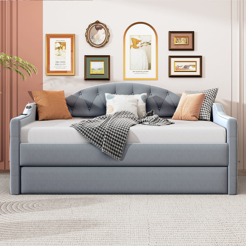 Twin Size Tufted Upholstered Daybed with Trundle ,Velvet Sofabed with USB&Type-C Charging Ports,No Box-spring Needed, Gray