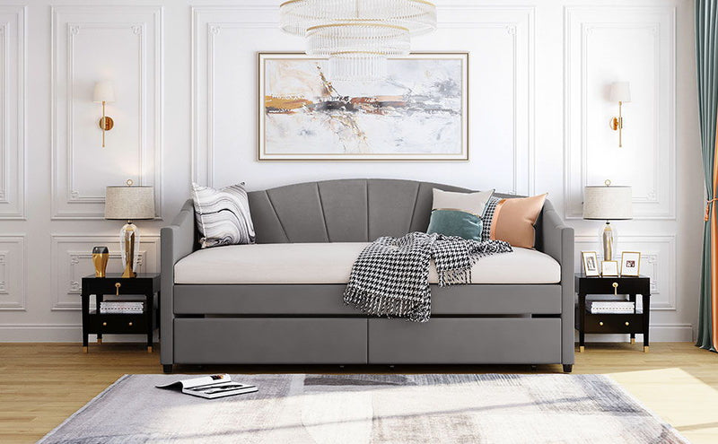 Twin Size Upholstered Daybed With Two Drawers And Wood Slat - Gray