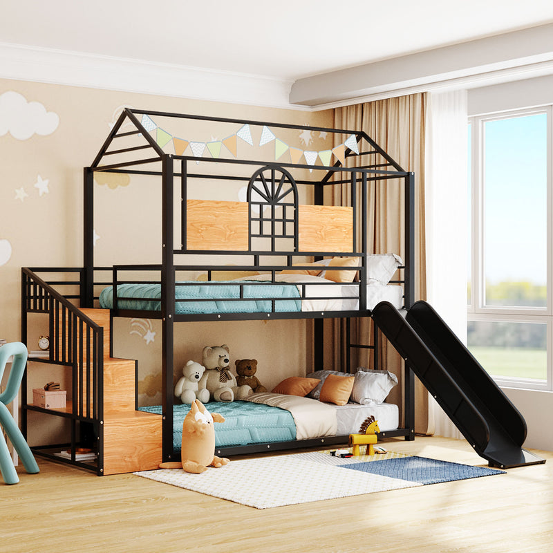 Twin Over Twin Metal Bunk Bed, Metal Housebed with Slide and Storage Stair, Black with Black Slide