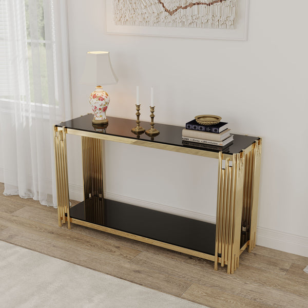 Modern Glass Console Table, 55" Gold Sofa Table With Sturdy Metal Frame And Black Tempered Glass Top, For Living Room Entryway Bedroom - Gold