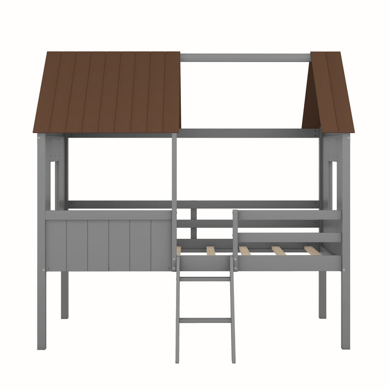 Twin Size Low Loft Wood House Bed With Two Side Windows - Gray / Brown