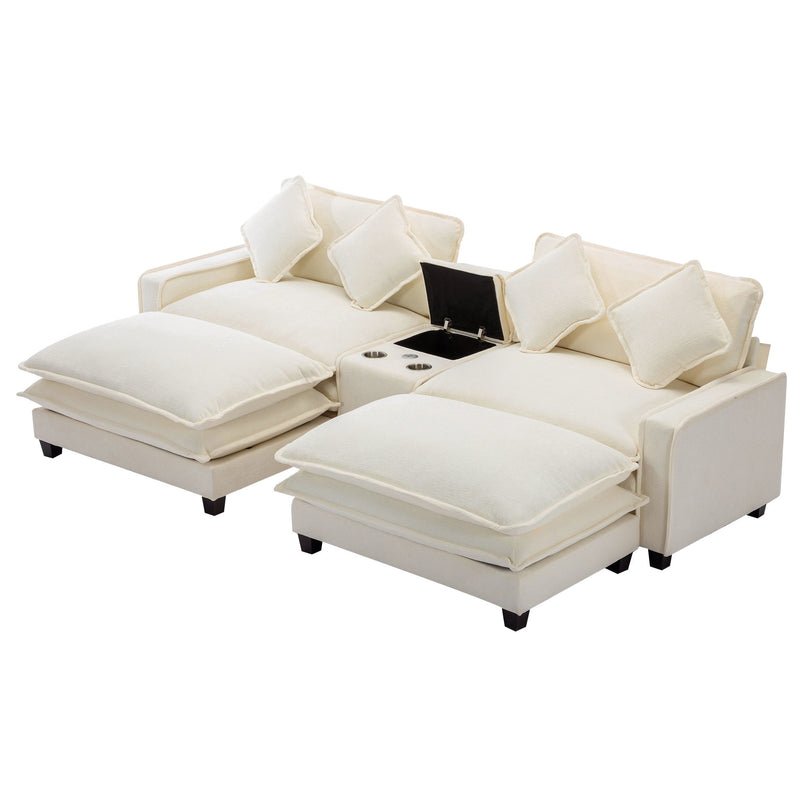 Sectional Sofa Chenille Upholstered Sofa With Two Removable Ottoman, Two USB Ports, Two Cup Holders And Large Storage Box For Living Room